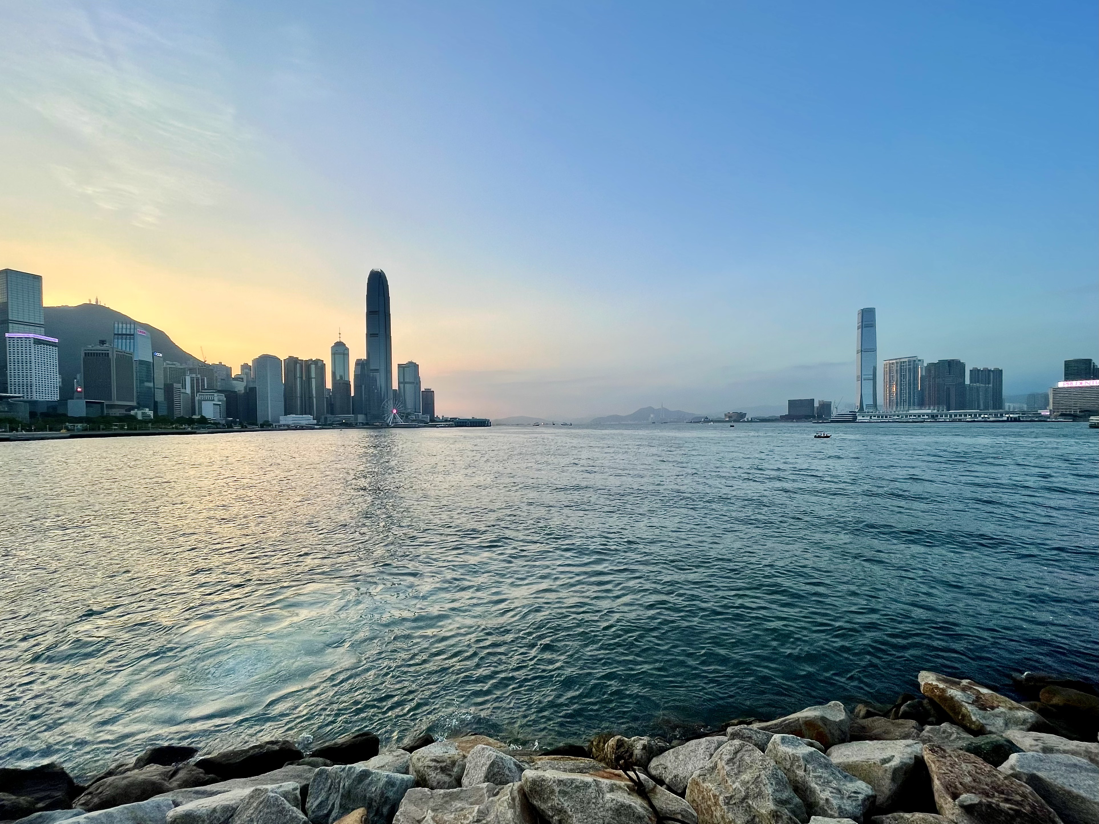 Looking back towards the sunset on Hong Kong’s harbor