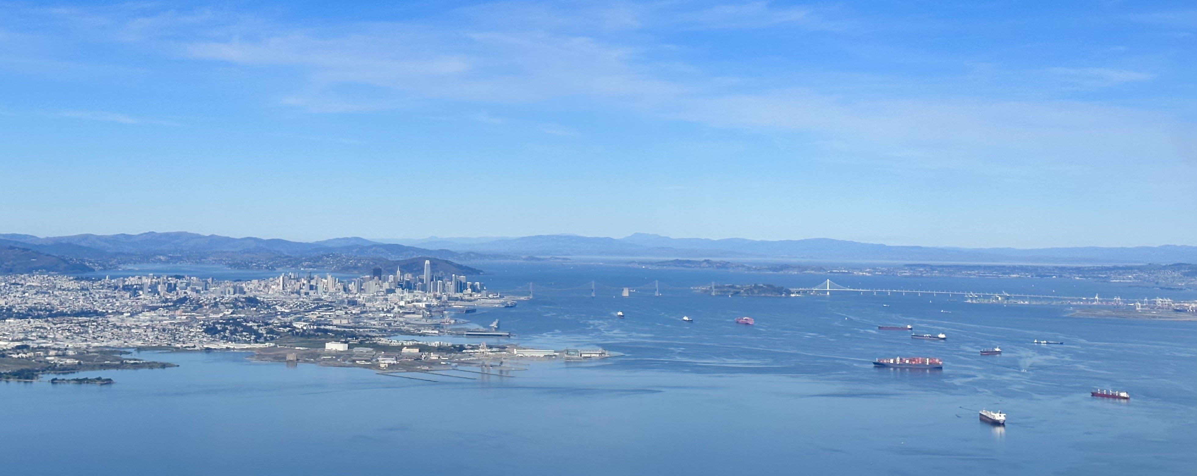 SF bay from above with container ships in motion